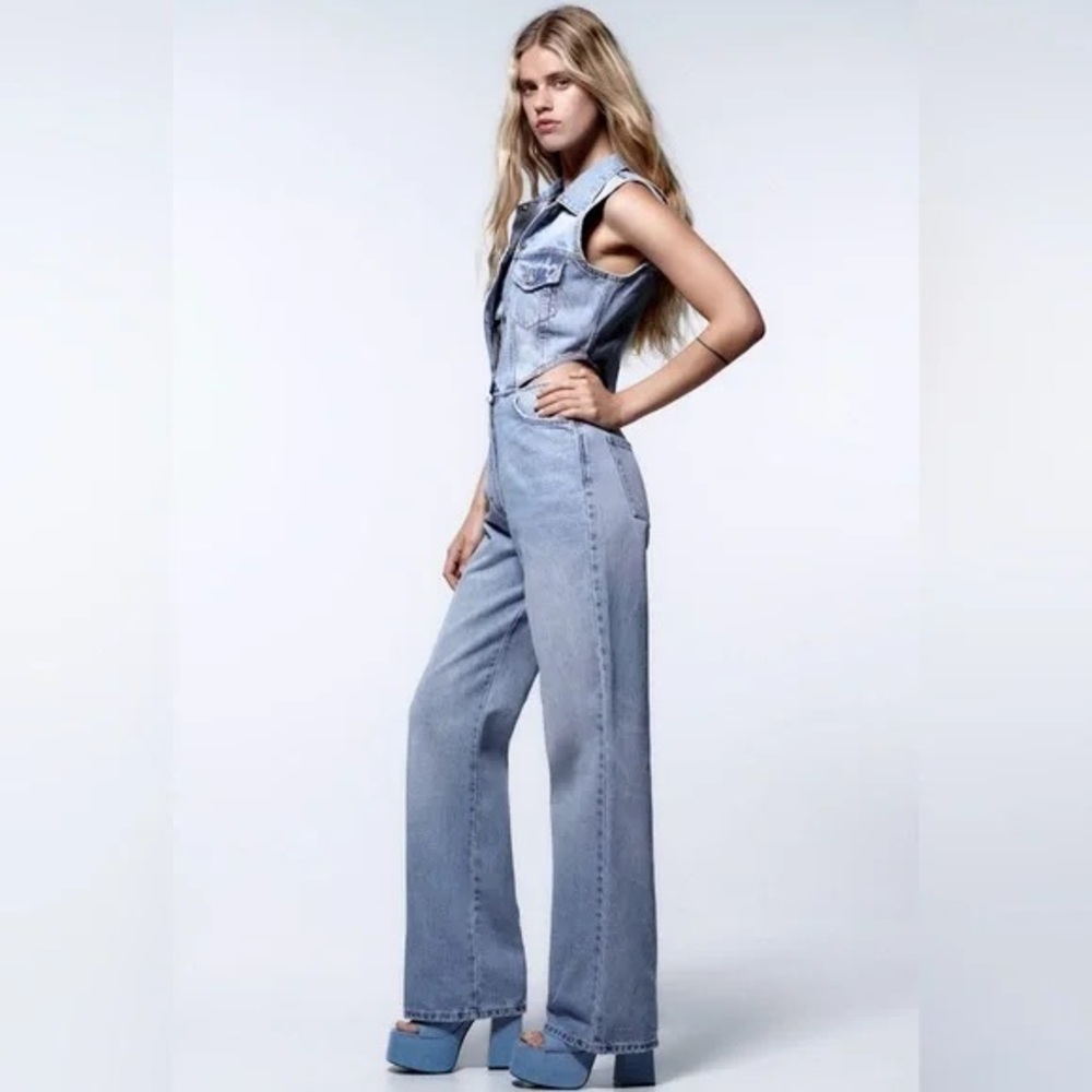 Zara Light Blue Denim Jumpsuit with Cutouts